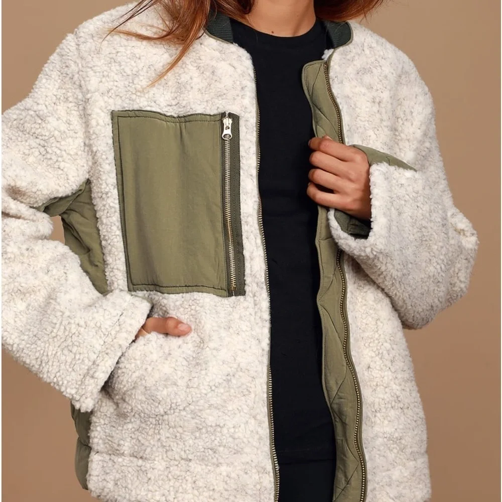 FREE People Large Riverton olive & cream Sherpa jacket